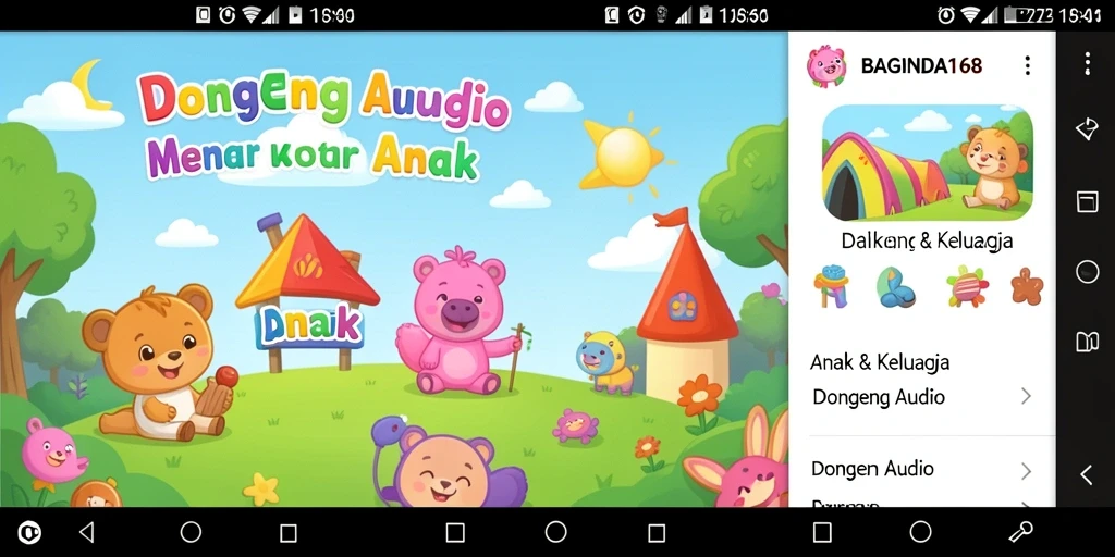 Tampilan antarmuka BAGINDA168 dengan berbagai pilihan dongeng audio.