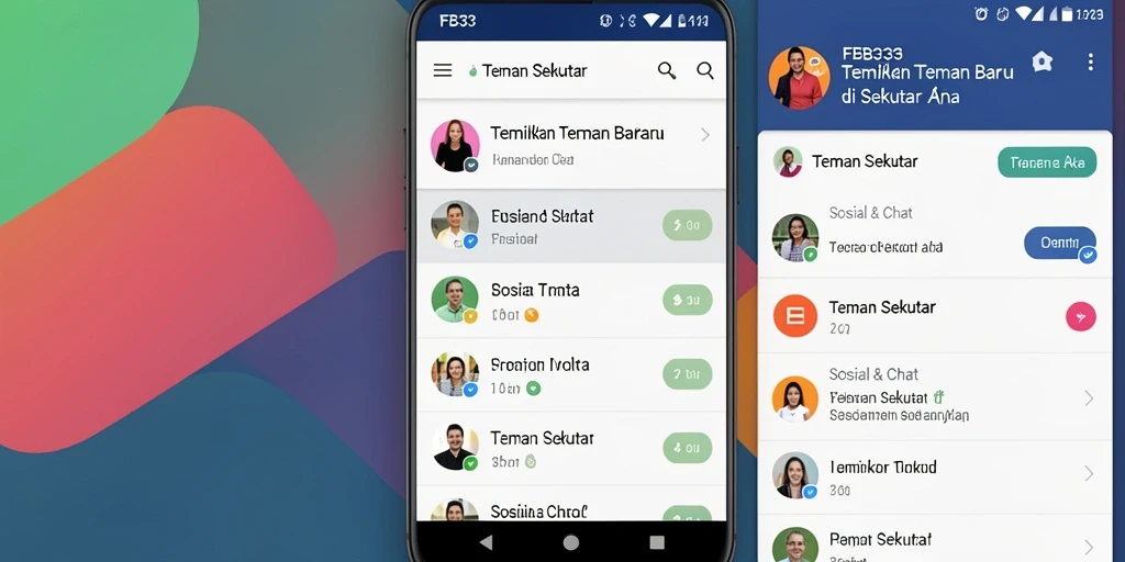 Antarmuka menarik aplikasi FB333 dengan fitur Teman Sekitar.